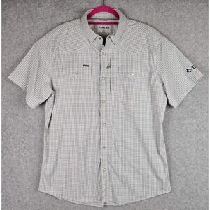 Poncho Mens XL Slim Fit White Gray Plaid Shirt Pearl Snap Vented Sleeve Logo